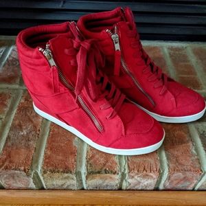 Red High-Top Women's Wedge Sneakers